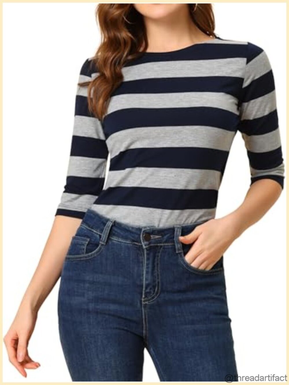 Striped Boat Neck Top with Elbow Sleeves Slim Fit Casual T-Shirt for Women